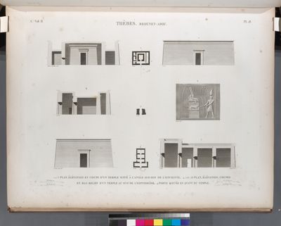 Thèbes. Medynet-Abou [Medinet Habu]. 1-3. Plan, élévation et coupe d'un temple situé à l'angle sud-est de l'enceinte; 4-8. Plan, élévation, coupes et bas-relief d'un temple au sud de l'Hippodrôme; 9. Porte située en avant du temple.