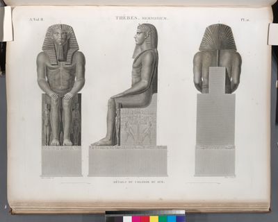 Thèbes. Memnonium [Ramesseum]. Détails du colosse du sud. [Restoration]