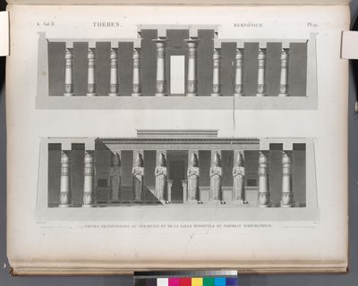 Thèbes. Memnonium [Ramesseum]. Coupes transversales du péristyle et de la salle hypostyle du tombeau d'Osymandyas.