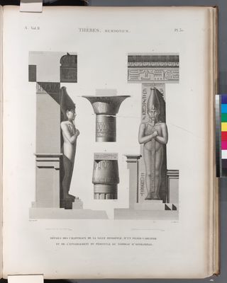 Thèbes. Memnonium [Ramesseum]. Détails des chapiteaux de la salle hypostyle, d'un pilier-caryatide et de l'entablement du péristyle du tombeau d'Osymandyas.