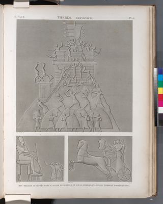 Thèbes. Memnonium [Ramesseum]. Bas-reliefs sculpté dans la salle hypostyle et sur le premier pylône du tombeau d'Osymandyas.