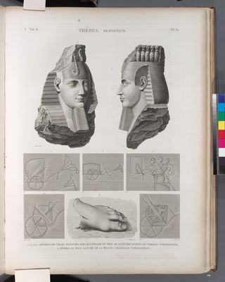 Thèbes. Memnonium [Ramesseum]. 1-7. Détails de chars sculptés su r le 1-er pylône et tête de l'une statues du tombeau d'Osymandyas; 8. Débris du pied de la statue colossale d'Osymandyas.