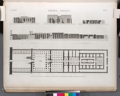 Thèbes. Memnonium [Ramesseum]. Plan et coupes du tombeau d'Osymandyas restauré d'après Diodore de Sicile.