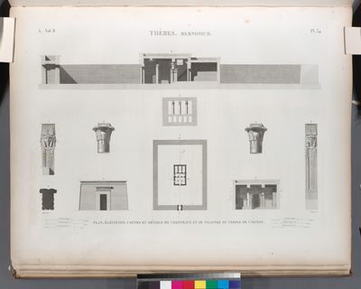 Thèbes. Memnonium [Ramesseum]. Plan, élévation, coupes et détails de chapiteaux et de pilastre du temple de l'ouest.
