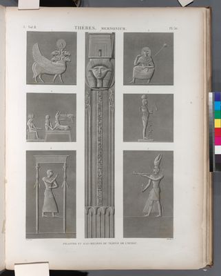 Thèbes. Memnonium [Ramesseum]. Pilastre et bas-reliefs du temple de l'ouest.