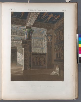 Thèbes. Memnonium [Ramesseum]. Vue perspective l'intérieur coloriée du temple de l'ouest.