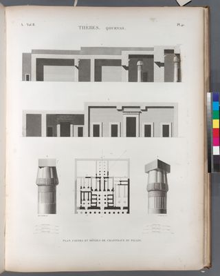 Thèbes. Qournah [Qurna]. Plan, coupes et détails de chapiteaux du palais.