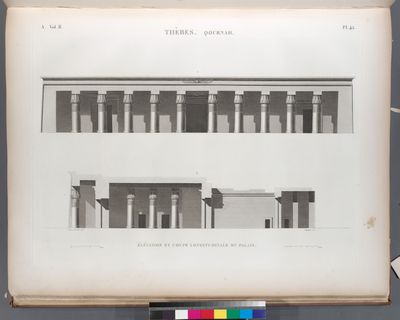 Thèbes. Qournah [Qurna]. Élévation et coupe longitudinale du palais.