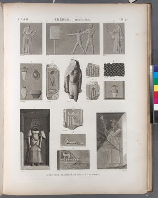 Thèbes. Hypogées. Sculptures, fragmens et détails coloriés.