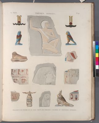 Thèbes. Hypogées. Fragmens en pierre et en bois peint, bas-reliefs coloriés et peintures diverses.