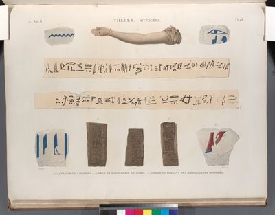 Thèbes. Hypogées. 1.3.5.9. Fragmens coloriés; 2.4. Bras et bandelette de momie; 6-8. Briques portant des hiéroglyphes imprimés.