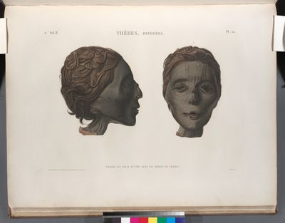 Thèbes. Hypogées. Profil et face d'une tête de momie de femme.