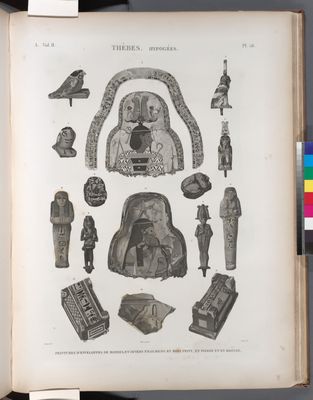 Thèbes. Hypogées. Peintures d'enveloppes de momies, et divers fragmens en bois peint, en pierre et en bronze.