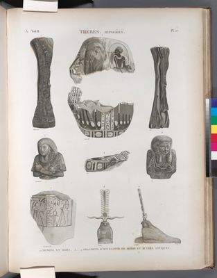 Thèbes. Hypogées. 1.2. Tenons en bois; 3-9. Fragmens d'enveloppe de momie et autres antiques.