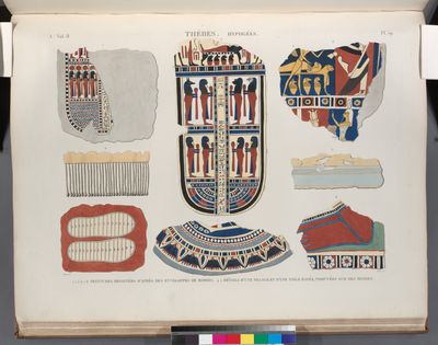Thèbes. Hypogées. 1-3.6-8. Peintures dessinées d'après des enveloppes de momies; 4.5. Détails d'une frange d'une toile rayée, trouvées sur des momies.