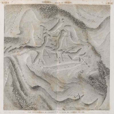 Thèbes. Bybân el-Molouk [Bîbân al-Mulûk]. Plan topographique de l'extrémité de la Valée des Tombeaux des Rois.