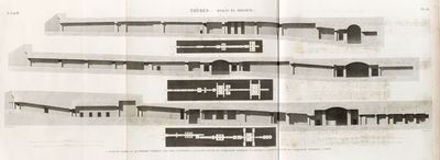 Thèbes. Bybân el-Molouk [Bîbân al-Mulûk]. 1.2. Plan et coupe du quatrième tombeau des rois à l'ouest; 3.4. Plan et coupe du cinquième tombeau à l'ouest; 5.6. Plan et coupe du cinquième tombeau à l'est.