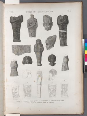 Thèbes. Bybân el-Molouk [Bîbân al-Mulûk]. Idole et fragmens d'antiquités en serpentine, en albâtre et en grès trouvé dans le tombeau isolé de l'ouest.