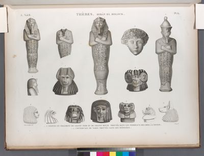 Thèbes. Bybân el-Molouk [Bîbân al-Mulûk]. 1-6. Statues et fragmens de granit noir et de granit rouge trouvés dans les tombeaux des rois à l'ouest; 7-15. Couvercles de vases trouvés dans les hypogées.