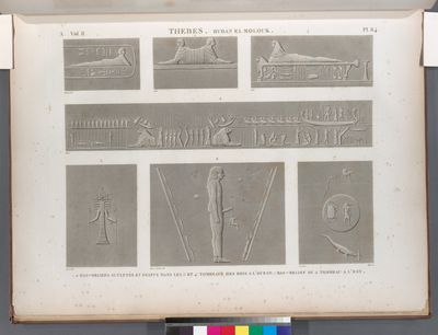 Thèbes. Bybân el-Molouk [Bîbân al-Mulûk]. 1-6. Bas -reliefs sculptés et peints dans les 5-e et 4-e tombeaux des rois à l'ouest; 7. Bas-relief du 5-e tombeau à l'est.