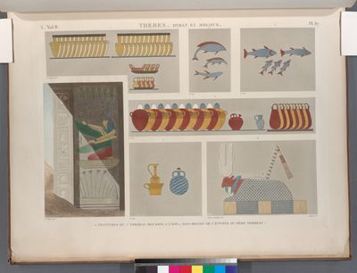 Thèbes. Bybân el-Molouk [Bîbân al-Mulûk]. 1-6. Peintures du 5-e tombeau des rois à l'est; 7. Bas-relief de l'entrée du même tombeau.