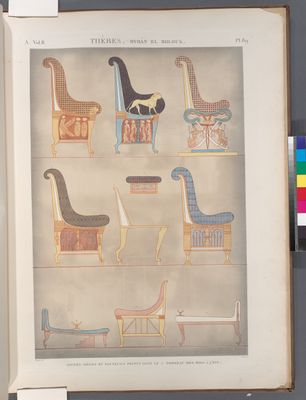 Thèbes. Bybân el-Molouk [Bîbân al-Mulûk]. Divers sièges et fauteuils peints dans le 5-e tombeau des rois à l'est.