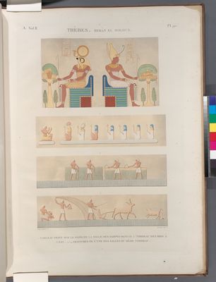 Thèbes. Bybân el-Molouk [Bîbân al-Mulûk]. 1. Tableau peint sur le fond de la salle des harpes dans le 5-e tombeau des rois à l'est; 2-4. Peintures de l'une des salles du même tombeau.