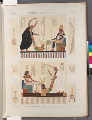 Thèbes. Bybân el-Molouk [Bîbân al-Mulûk]. 1.2. Tableaux de la salle des harpes dans le 5-e tombeau des rois à l'est; 3-8. Peintures des tombeaux.