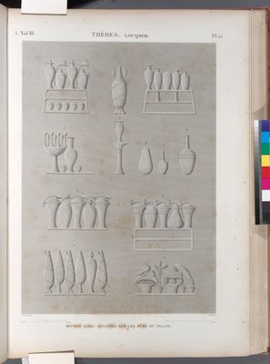 Thèbes. Louqsor [Luxor]. Divers vases sculptés sur les murs du palais.