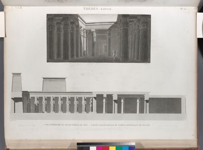 Thèbes. Karnak. 1. Vue intérieure du Grand Temple du sud; 2. Coupe longitudinale du temple dépendant du palais.