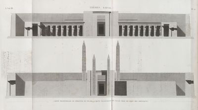 Thèbes. Karnak. 1. Coupe transversale du péristyle du palais; 2. Coupe transversale du palais prise en avant des obélisques.