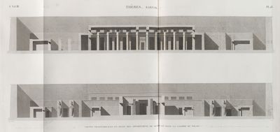 Thèbes. Karnak. Coupes transversales en avant des appartemens de granit et dans la galerie du palais.