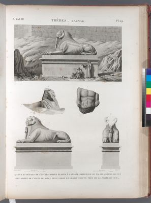 Thèbes. Karnak. 1-3. Vue et détails de l'un des sphinx placés à l'entrée principale du palais; 4. Détail de l'un des sphinx de l'allée du sud; 5. Petit torse en granit trouvé près de la porte du sud.