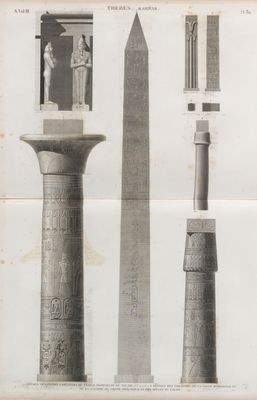 Thèbes. Karnak. 1. Détails des piliers caryatides du temple dépendant du palais; 2-8. Détails des colonnes de la salle hypostyle et de la galerie, du grand obélisque et des stèles du palais.