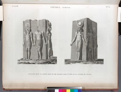 Thèbes. Karnak. Vues d'un bloc en granit orné de six figures, trouvé près de la galerie du palais.