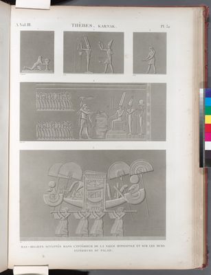Thèbes. Karnak. Bas-reliefs sculptés dans l'intérieur de la salle hypostyle et sur les murs extérieurs du palais.