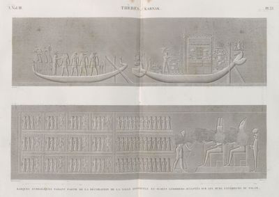 Thèbes. Karnak. Barques symboliques faisant partie de la décoration de la salle hypostyle et sujets guerriers sculptés sur les murs extérieurs du palais.