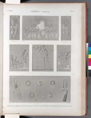 Thèbes. Karnak. Divers bas-reliefs sculptés sur les stèles et les murs des appartemens de granit du palais.