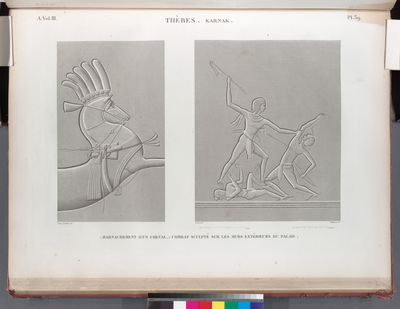 Thèbes. Karnak. 1. Harnachement d'un cheval; 2. Combat sculpté sur les murs extérieurs du palais.