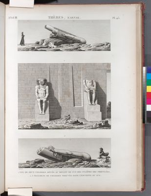 Thèbes. Karnak. 1.3. Fragmens de colosses trouvés dans l'enceinte du sud; 2. Vue de deux colosses situés au devant de l'un des pylônes des propylées.