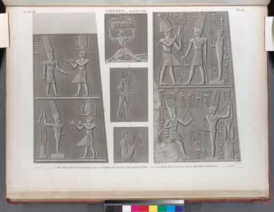 Thèbes. Karnak. 1.2. Décoration intérieur de la porte de granit des propylées; 3-5. Sujets recueillis dans divers édifices.