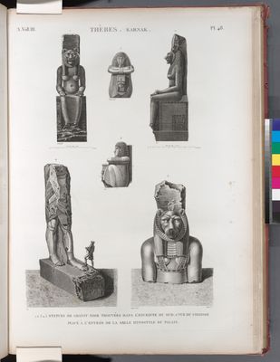 Thèbes. Karnak. 1-5. Statues de granit noir trouvées dans l'enceinte du sud; 6. Vue du colosse placé à l'entrée de la salle hypostyle du palais.