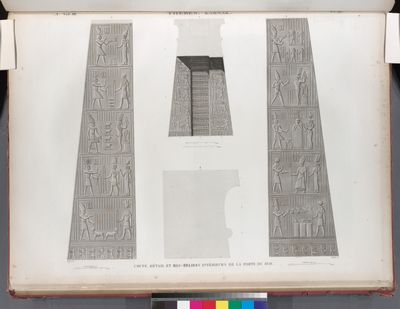 Thèbes. Karnak. Coupe, détail et bas-reliefs intérieurs de la porte du sud.
