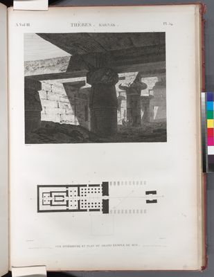 Thèbes. Karnak. Vue intérieurs et plan du Grand Temple du sud.