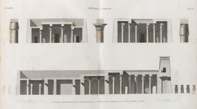 Thèbes. Karnak. 1-3. Coupes longitudinales et transversales; 4-6. Détails de chapiteaux du Grand Temple du sud.