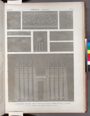 Thèbes. Karnak. 1-6. Inscriptions gravées sur la terrasse du Grand Temple du sud; 7-9. Frise et bas-reliefs du Grand Temple du sud.