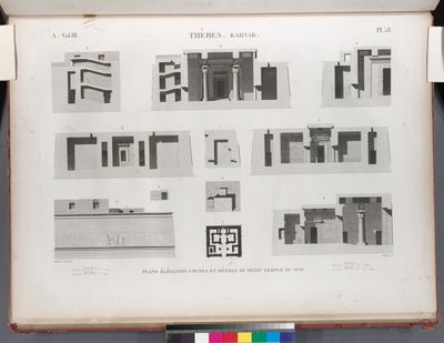 Thèbes. Karnak. Plans élévation coupes et détails du petit temple du sud.