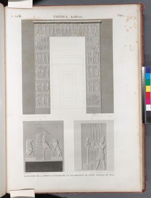 Thèbes. Karnak. Élévation de la porte extérieure et bas-reliefs du petit temple du sud.