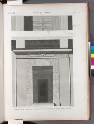 Thèbes. Karnak. Élévation de la façade intérieure et bas-reliefs du petit temple du sud.