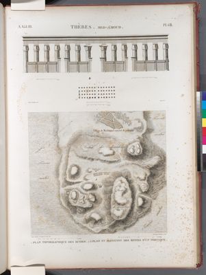 Thèbes. Med-A'moud [Medamud]. 1. Plan topographique des ruines; 2.3. Plan et élévation des restes d'un portique.
